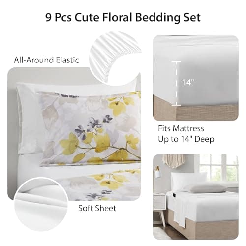 Regency Heights King Comforter Set Yellow Bed Set, 9 Pieces Cute Floral Bedding Set Ultra Soft Botanical Flowers Comforter, Sheets, Pillowcases & Shams - Thumbnail 4