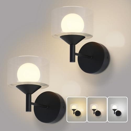 TYhogar Classy Wall Sconces Set of Two,Elegant Bedroom Wall Lights with Clear Glass,Black Sconces Wall Decor Set of 2 Hardwired Hallway Light Led Wall Sconces for Bathroom,Living Room,Indoor - Image 1