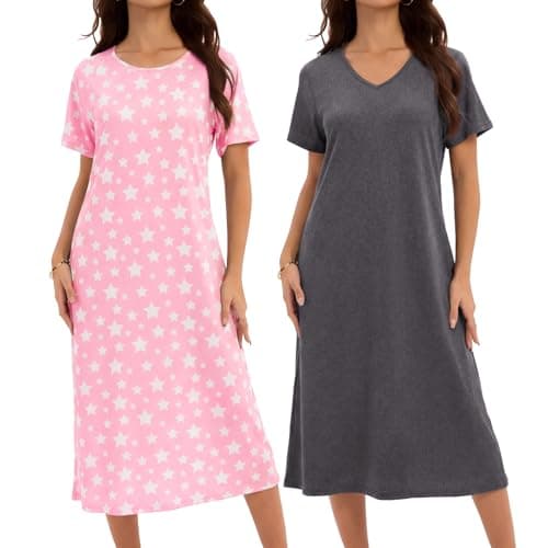JOYLADY 2 Pack Long Nightgowns for Women House Dress Short Sleeve Night Gowns Moo Moos Printed Pajama Dresses L - Image 1
