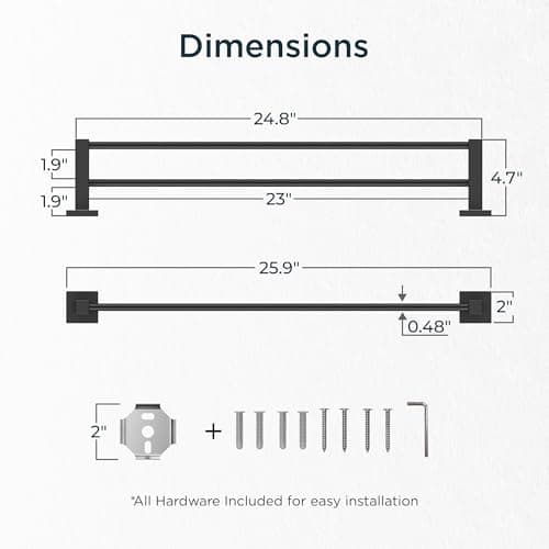FORIOUS Black Double Towel Bar 24 Inch, Double Towel Racks for Bathroom Wall, Heavy Duty SUS304 Stainless Steel Square Dual Towel Bar Wall Mount, Matte Black - Thumbnail 2