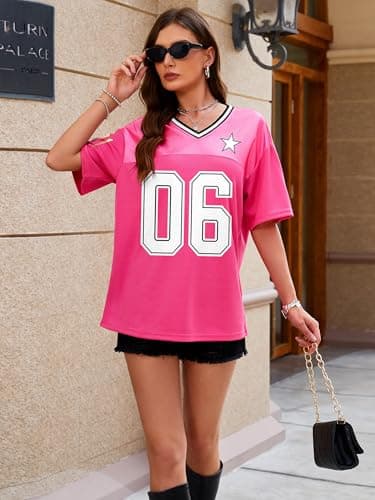 TAKEYAL Oversized Tshirts for Women Graphic Tees V Neck Soccer Jersey Streetwear Summer Y2K Tops Large Pink - Thumbnail 2