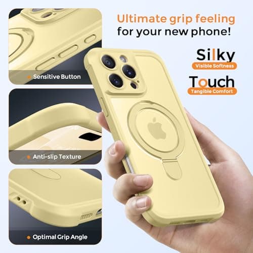 MOCCA Design for iPhone 16 Pro Case with Magnetic Invisible Stand [Full Camera Protection] [Compatible with Magsafe] Military Drop Shockproof Translucent Matte Phone Case Cover 6.3",Creamy Yellow - Thumbnail 6