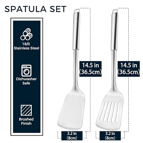 MUJINON 14.5-in Stainless Steel Spatula Set, 18/0 SS Heavy Duty Turner & Slotted Spatula for Kitchen Use, Cast Iron Grilling Frying, Pack of 2 - Thumbnail 5