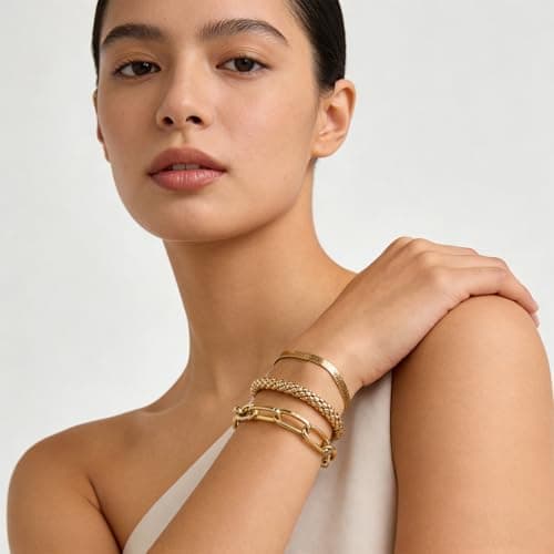 Alegend 14K Gold-Plated 3-Layered Bracelet Set - Chunky & Snake Chain Stackable Bracelets for Daily Wear - Thumbnail 3