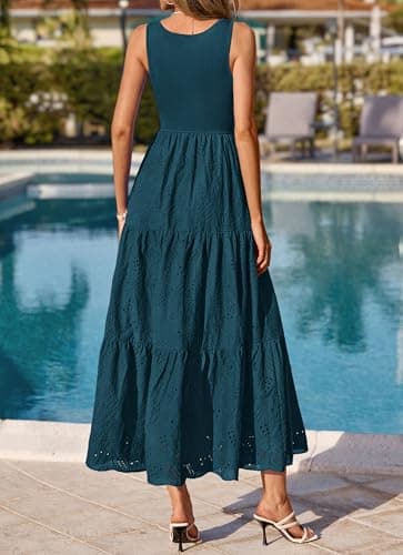 BTFBM Women Summer Eyelet Midi Dresses Casual Spring 2026 Sleeveless A Line Flowy Vacation Beach Wedding Guest Sun Dress(Dark Lake Blue, X-Large) - Thumbnail 3