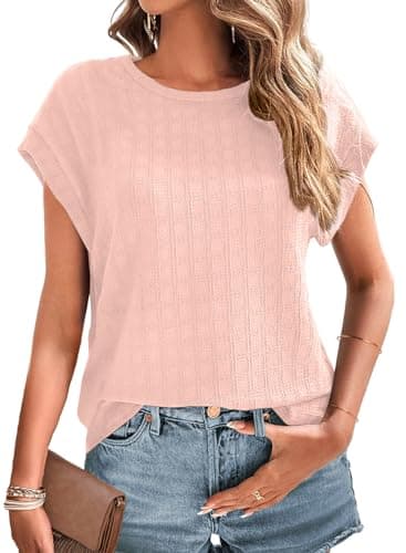 Dokotoo Womens Ladies Tops Short Sleeve Spring Tshirts for Women 2025 Fashion Sping Solid Color Crewneck Batwing Sleeve Blouses Loose Fit Summer Shirt Pink Large - Image 1