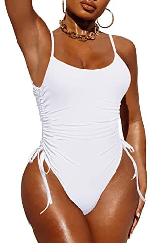 Pink Queen Womens Sexy One Piece Swimsuit High Leg Ruched Tummy Control Cheeky Bathing Suit Monokini White XL - Image 1