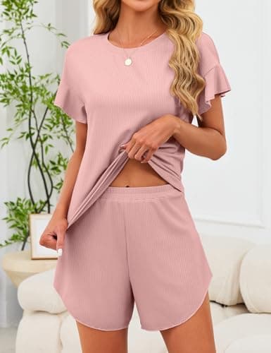 JUSTFASHIONNOW Women's Pajama Set Ruffle Sleeves Top and Short Soft 2 Piece Loungewear Set Pink - Thumbnail 3