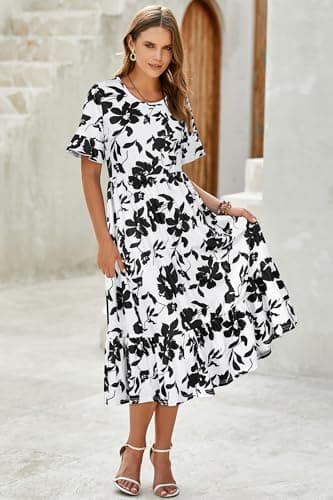 STYLEWORD Women's 2026 Summer Casual Short Sleeve Crewneck Boho Dress Flowy Maxi Maxi Beach Vacation Spring Hawaiian Dresses(Floral31,XL) - Thumbnail 5