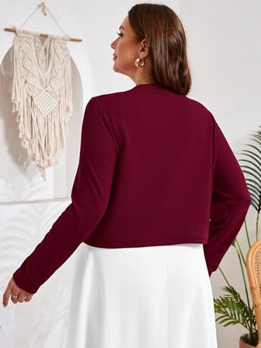 AusLook Plus Size Women Shrugs Long Sleeve Burgundy 4X Open Front Cardigan Knit Lightweight Coat Cropped Bolero Tops Shawls and Wraps Dressy Sweater - Thumbnail 6