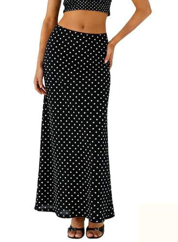 BLENCOT Women's Maxi Skirt Spring High Waisted A Line Flowy Long Skirt Polka Dots Printed Stretch Mesh Skirts for Work Office Fashion 2026 Black X-Large - Image 1