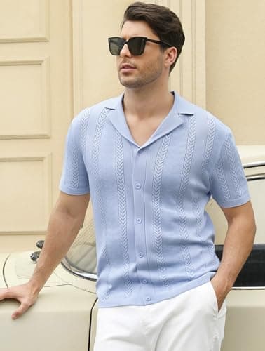 Esabel.C Men's Knit Button Down Shirts Short Sleeve Fashion Summer Casual Beach Shirts for Men,Light Blue194,XL - Thumbnail 3