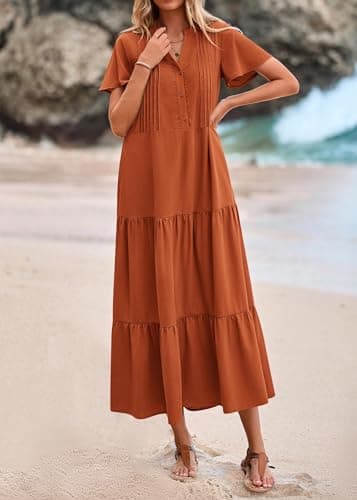 KIRUNDO Summer Maxi Dresses for Women 2026 Spring Fashion Short Sleeve Button V Neck Pleated Loose Tiered Swing Flowy Dress(Rust Red, XX-Large) - Thumbnail 4