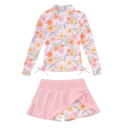 Size 8-10 Girls Pink Flower Hawaiian Bathing Suits for Kids 3D Floral Print Long Sleeve Swimsuits with Zipper 9 Year Little Child Ruffle Skirts with Shorts Blue Bottoms Quick Dry Swimming Set