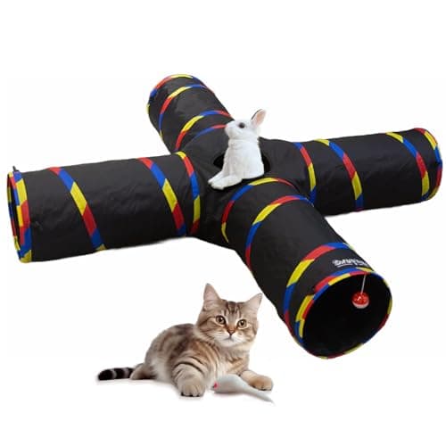 SweetBin Cat Tunnels - 4 Way Cat Tunnel for Indoor Cats Play & Exploration (with Mouse Toy) - Collapsible Pop Up Tubes for Ferrets, Rabbits, and Small Dogs Fun
