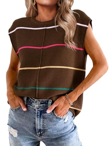Bellcoco Womens Cap Sleeve Summer Tops Striped Sweater Vest Lightweight Casual Crewneck Loose Knit Pullover Tank Top Beach Vacation Outfits Coffee XL - Image 1