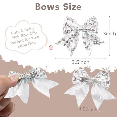 Silver Glitter Fable Hair Bows Alligator Hair Clips Hair Accessories for Baby Girls Toddlers Kids (3.5 inches in Pair） - Thumbnail 3