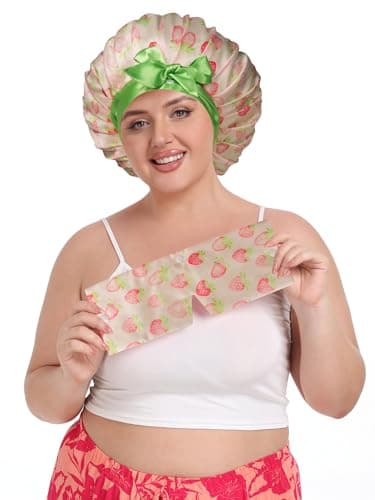 Vettres Pleated Silk Sleeping Bonnet with Eye Mask Double Layer Satin Hair Bonnets Sleep Cap for Curly Natural Hair Pink Green Strawberries - Thumbnail 4