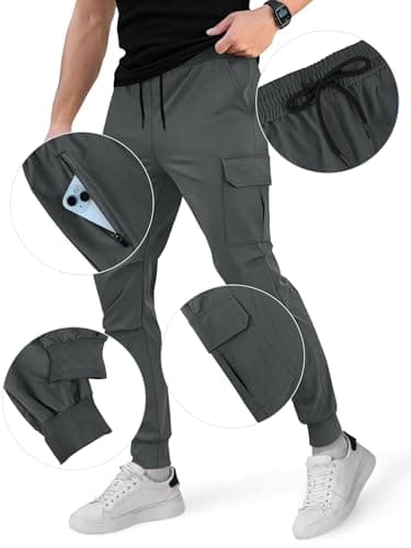 Crastimo Men's Hiking Pants Elastic Waist Drawstring Cuffs Sweatpants Lightweight Zipper Pockets Slim Fit Trousers Tapered Running Outdoor Gray L - Thumbnail 5