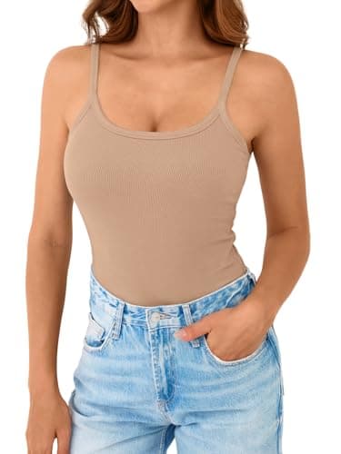 GKBK Women's Sleeveless Built in Bra Tank Top Form Fitting Scoop Neck Ribbed Knit Basic Padded Cami Shirts White Khaki XL - Thumbnail 3