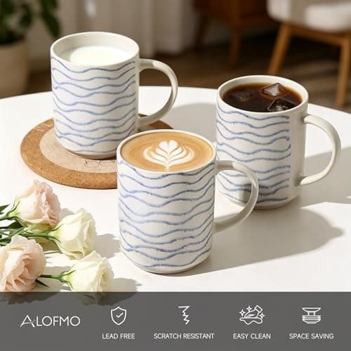 ALOFMO Ceramic Mugs Set of 6, 17oz Coffee Mugs with Handpainted Blue Stripe Pattern, Modern Stackable Coffee Cups, Dishwasher and Microwave Safe Mugs for Coffee, Tea, Milk - Thumbnail 3