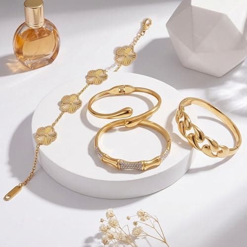 Stackable Gold Bracelets for Women - 4 Sets, 18K Gold Plated Bracelets, Stainless Steel Bangle Bracelets Non-Tarnish, Stylish Gold Jewelry Ensemble, Valentine's Day, Birthday and Christmas Jewelry Gifts - Thumbnail 6
