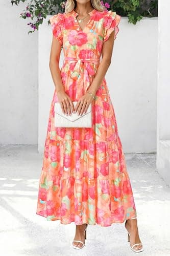 dowerme Women Summer Maxi Dresses 2026 Ruffle Sleeve V Neck Floral Boho Long Dress Belted Tiered Sundress with Pockets(Orange Red Big Floral,X-Large) - Thumbnail 3