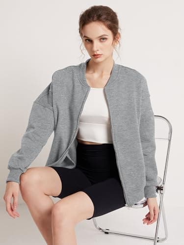 GEMLON Womens Full Zip Up Sweatshirts No Hood Long Sleeve Casual Loose Fall Fashion Jackets with Pockets Light Grey 2X-Large - Thumbnail 6