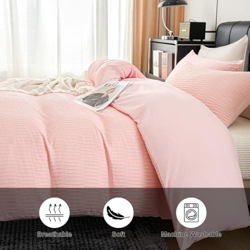 DCSKY Pink Duvet Cover Queen Size, 3pcs Washed Microfiber Bedding Set, Soft Breathable Rippled Duvet Cover Set with Zipper Closure for All Seasons - Thumbnail 3