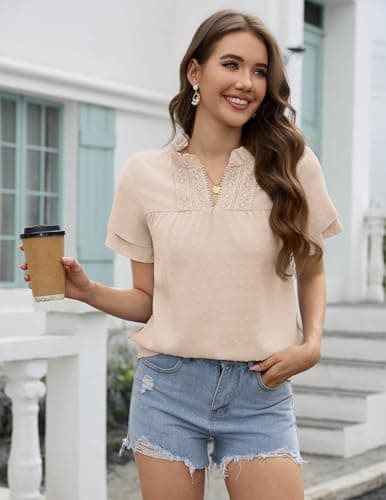 Aprolive Women's Butterfly Sleeve V Neck Shirts Boho Flowy Swiss Dot Blouses Dressy Casual Summer Top (A Apricot, XL) - Thumbnail 4