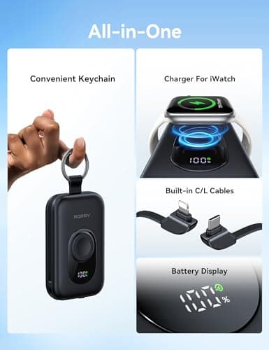 RORRY Portable Charger, 20000mAh PD 30W Portable Charger Power Bank with 2 Built-in Cables, Super Fast Charging Battery Pack with Keychain, Travel Essentials for iPhone, Apple Watch, iPad, Black - Thumbnail 2