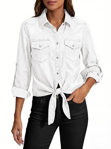 PRETTYGARDEN Womens Tie Knot Front Snap Button Jean Shirts Chambray Snap Button Cardigan Summer Tops for Women Trendy Jacket (White, XX-Large) - Thumbnail 4