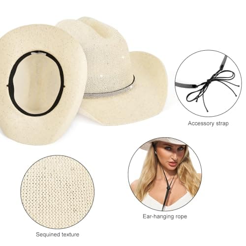 Sequin Cowboy Hat for Men & Women – Sparkly Cowgirl Hat with Thread Detail, Stylish Cowboy Hat Men Love for Parties, Festivals & Western Outfits - Beige - Thumbnail 6