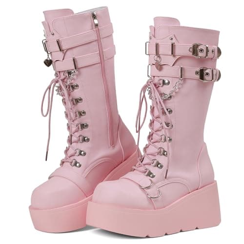 Yremael Women's Pink Platform Boots Wedge Combat Gothic Chunky Heel Lace Up Mid Calf Punk Motorcycle Shoes - Thumbnail 3
