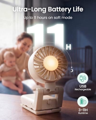 GROWNSY Portable Stroller Fan with Clip | Foldable Baby Fan for Car Seat | Small Handheld Fan with Soft Night Light | Rechargeable 4-Speed Mini Fan for Carrier/Beach/Travel/Crib/Camping (Beige) - Thumbnail 5