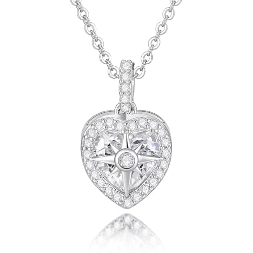 Compass Women's Heart Necklace-Silver/14K Gold Plated Zircon Friendship Compass Pendant Heart Jewellery College Graduation Gifts Necklace for Her/Daughter/Girlfriend/Niece/Granddaughter/Best Friend - Image 1