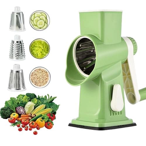 Spylandy 3-in-1 Manual Rotary Cheese Grater & Vegetable Slicer, Round Mandoline Food Chopper with 3 Interchangeable Blades, Strong Suction Base Hand Crank Grater for Cheese, Potato, Nuts & Veggies - Image 1