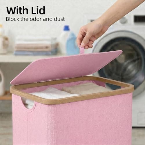 efluky Slim Laundry Basket with Lid, Narrow Laundry Hamper with Removable Bag, Skinny Dirty Clothes Basket with Bamboo Handles for Bathroom, Bedroom & Laundry Room, 75L Pink - Thumbnail 2