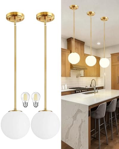 Majade Globe Pendant Lights Kitchen Island Mid Century Modern Pendant Light Fixtures 2 Pack 7.4 Inch Gold Ceiling Lighting with Milk Glass Shade Adjustable Brushed Brass Hanging Light for Dining Room - Image 1