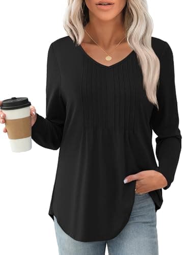 JUSTFASHIONNOW Black Shirts for Women Trendy Long Sleeve Tops Plus Size Dressy Blouses Pleated Maternity V Neck Shirt Tunics Early Fall Fashion (Black, XX-Large) - Thumbnail 4