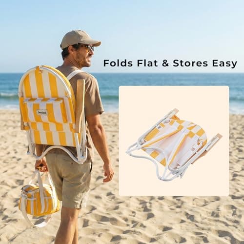DEER LAND Padded Low Beach Chair, 4-Position Folding Outdoor Chair with Wooden Armrests, Cushioned Seat, Storage Pouch & Carry Strap for Beach, Patio and Lawn, Cala Serena Ochre Stripe - Thumbnail 5