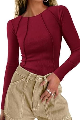 KIRUNDO Ribbed Long Sleeve Tops for Women Stretch Slim Basic Crop Tee Exposed Seams 2026 Spring Fall Fashion Trendy Tshirt(Wine Red, X-Large) - Image 1