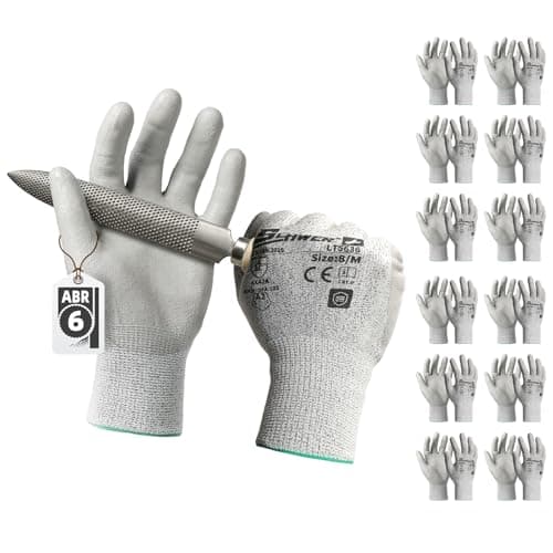 Schwer 12 Pairs Safety Work Gloves with Certified Level 6 Abrasion Resistance, ANSI A2 Cut Resistant Working Gloves with Grip for General Use, Construction, Gardening, Mechanic, 3D-Comfort, LT5636, M
