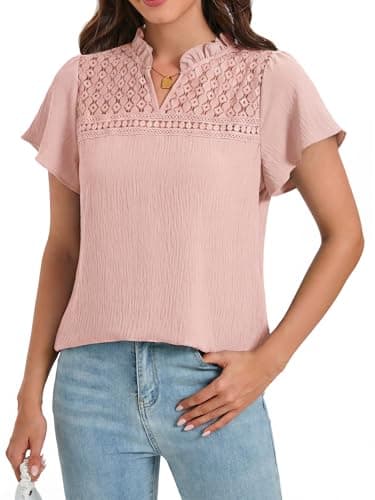 Funlingo Women Blouses Dressy Casual V Neck Ruffle Sleeve Lace Tops Eyelet Hollow Out Tunic Work Shirts Beach Vacation Outfits 2026 Pink L - Image 1
