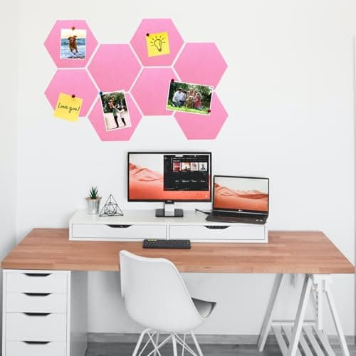 HULAVO 8 Pcs Hexagon Felt Cork Bulletin Board Tiles, Self Adhesive DIY Bulletin Board Pin Board for Office School Home Wall Decor Memos Photos Display(Bright Pink) - Thumbnail 2