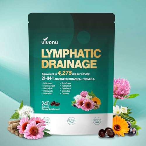 Lymphatic Drainage Supplements, 240 Softgels, Lymph System Support Supplement for Women & Men, 21-in-1 Herbal Blend with Echinacea, Dandelion, Burdock, Bromelain, Calendula, Turmeric & More, 1 Bag - Image 1