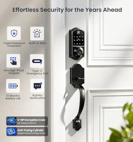Veise VE017-H Fingerprint Smart Front Door Lock Set, App Control, 8-in-1 Keyless Entry Deadbolt with Zinc Alloy Handles, Emergency Power Port, Touchscreen Keypad, Auto Lock, Easy Install, Matte Black - Thumbnail 6