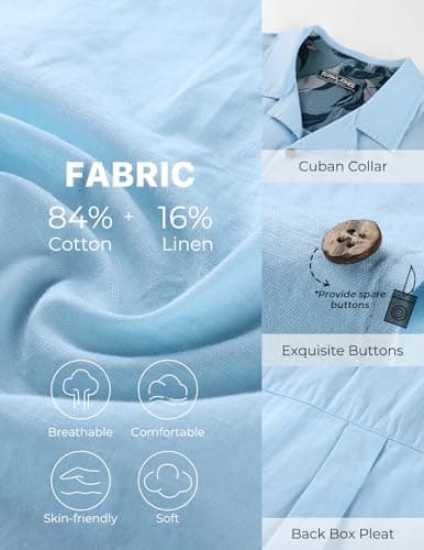 PJ PAUL JONES Mens Casual Button Down Shirts Short Sleeve Cuban Guayabera Shirts Cotton Linen Vacation Collar Untucked Dress Shirt Blue - Thumbnail 3