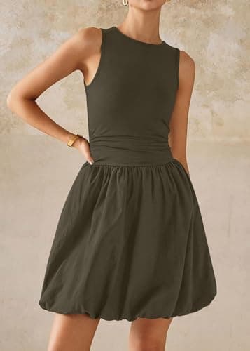 KIRUNDO Summer Bubble Dress for Women 2026 Casual Mini Spring Bodycon Cocktail Dresses Sleeveless Drop Waist Sundress Beach(Dark Khaki, XX-Large) - Thumbnail 3