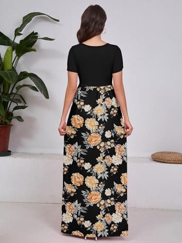 DEARCASE Women Long Maxi Dress Flower Yellow Black Small Crewneck Boho Short Sleeve A-line Casual Hawaiian Flowy Party Vintage Spring Summer Beach Dresses with Pockets - Thumbnail 2